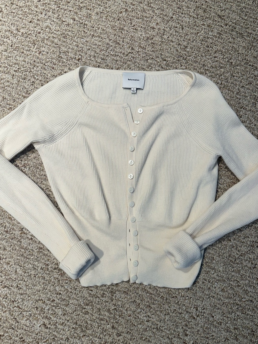 Reformation Ivory Ribbed Button-Front Cardigan
